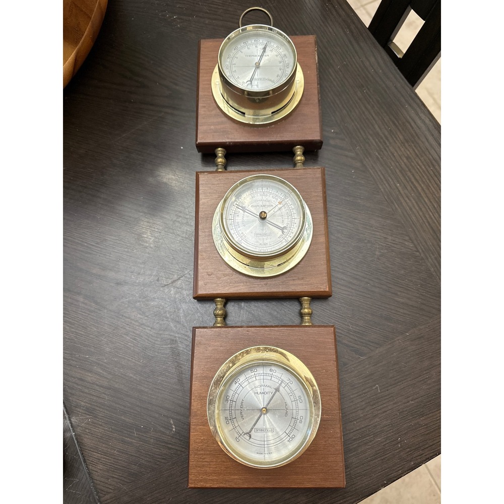 Springfield Vintage Weather Station Barometer Thermometer Humidity Wood Brass